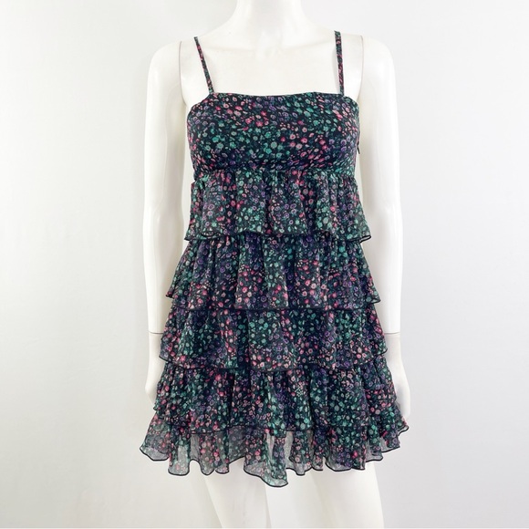 H&M Dresses & Skirts - H&M Black Floral Tiered Ruffle Mini Dress Size 4 Casual Cocktail Clubwear Dance